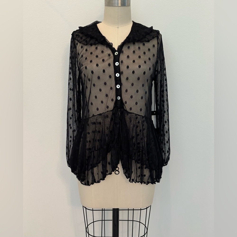 LIV by Habitat Black Polka Dot Top NWT Mesh Ruched Lettuce Edges S